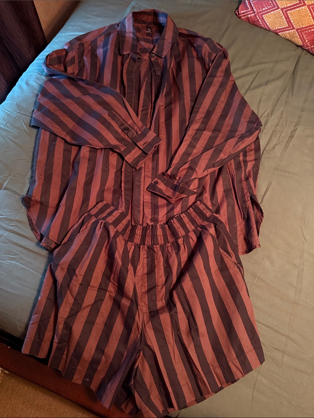aerie Brown and Black Striped Button-Down Shirt and Shorts Set